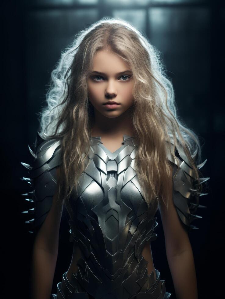 Powerful female warrior in futuristic armor photo