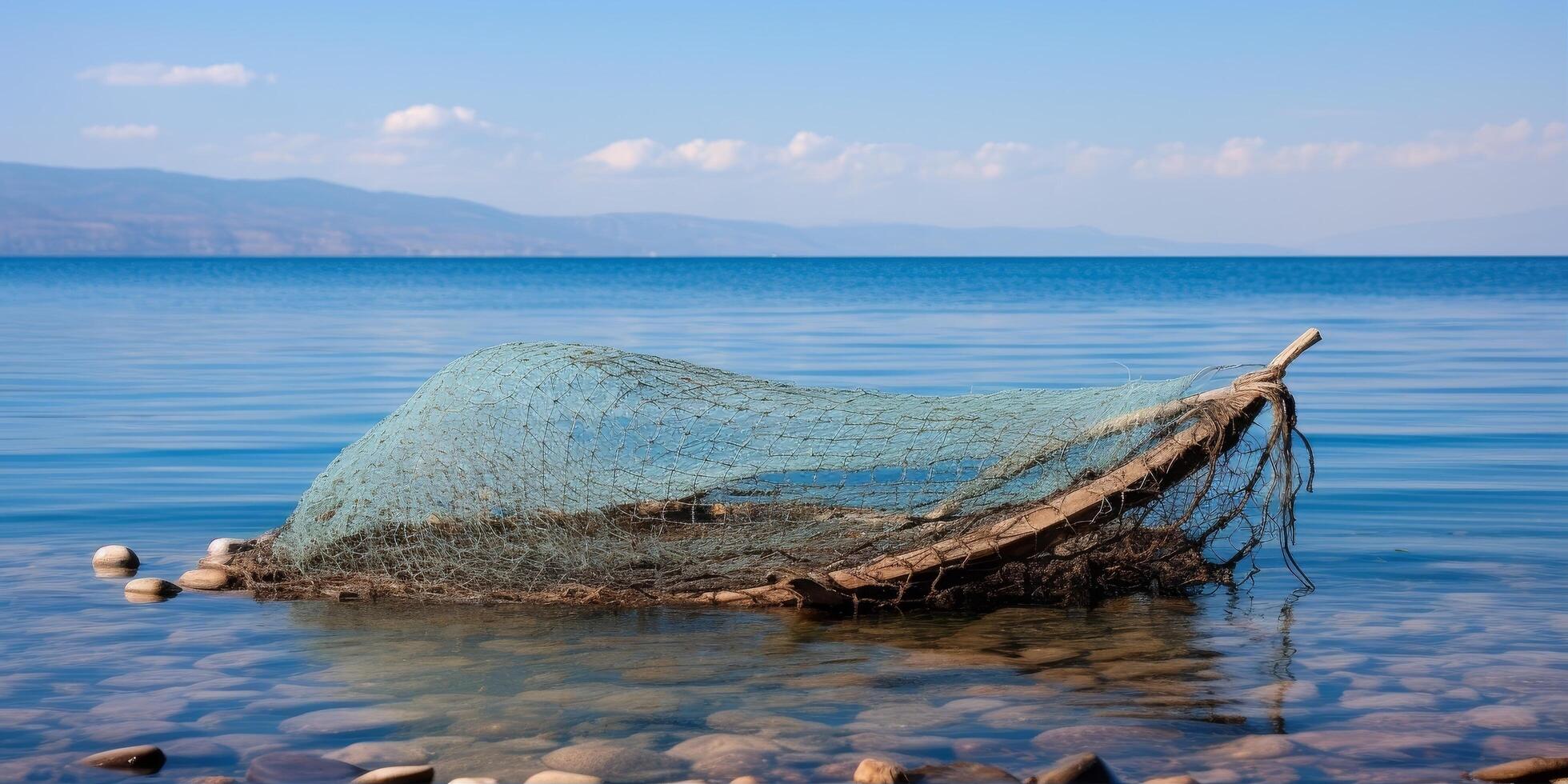 Fishing net floating on calm blue lake photo