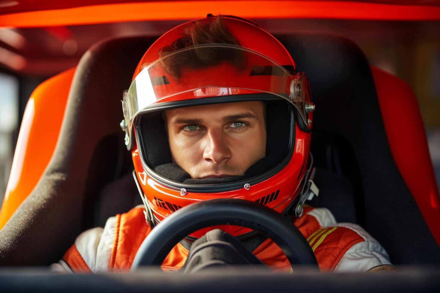 race car driver in red helmet and suit photo