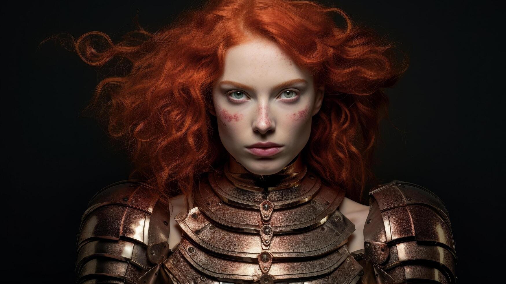 Fierce redheaded warrior woman in armor photo