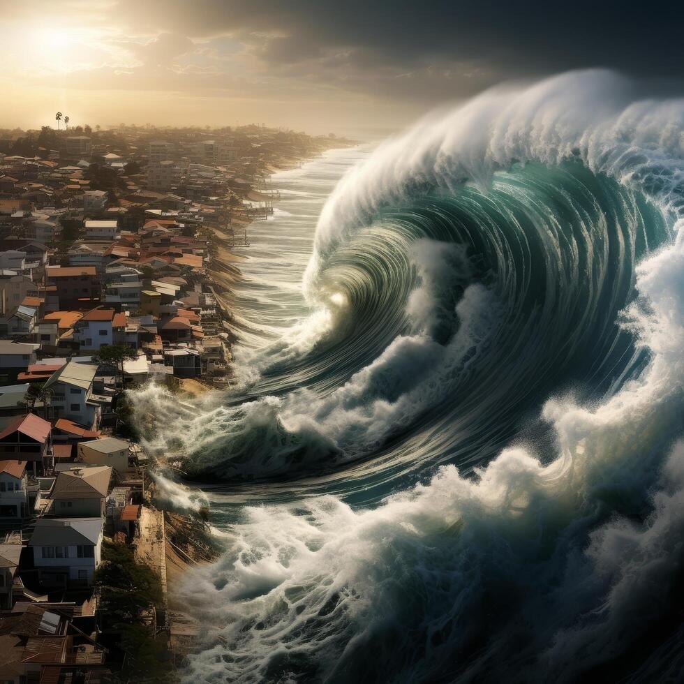 Powerful ocean wave crashing over coastal town photo