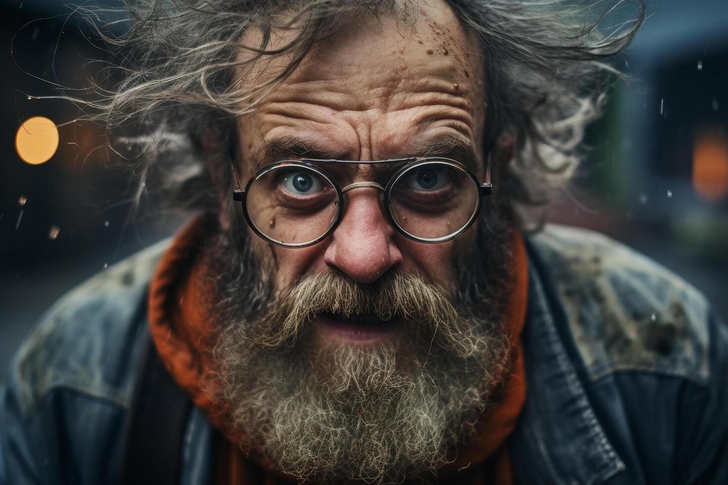 Weathered face of an older man with a long beard and glasses photo