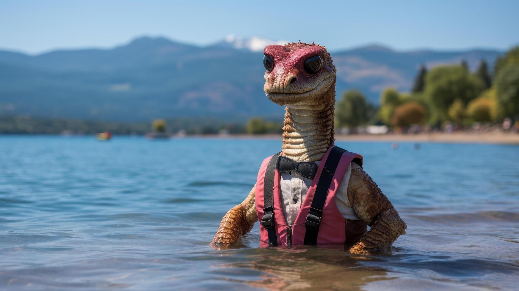 Friendly lizard creature enjoying the lake photo