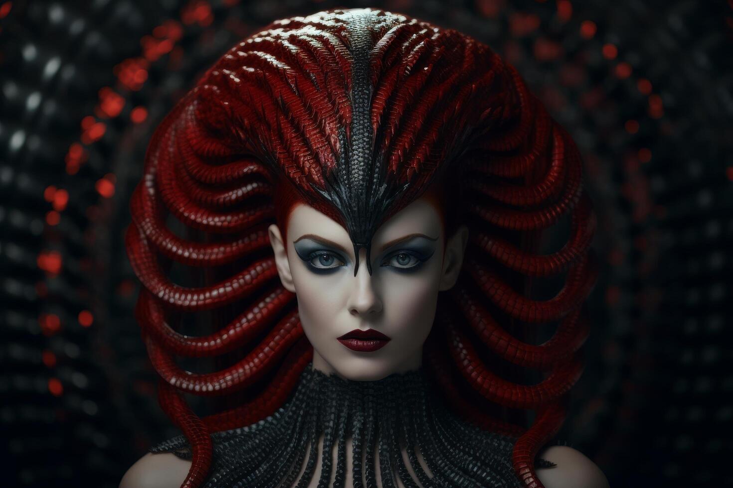 Dramatic fantasy makeup portrait with bold red and black design photo