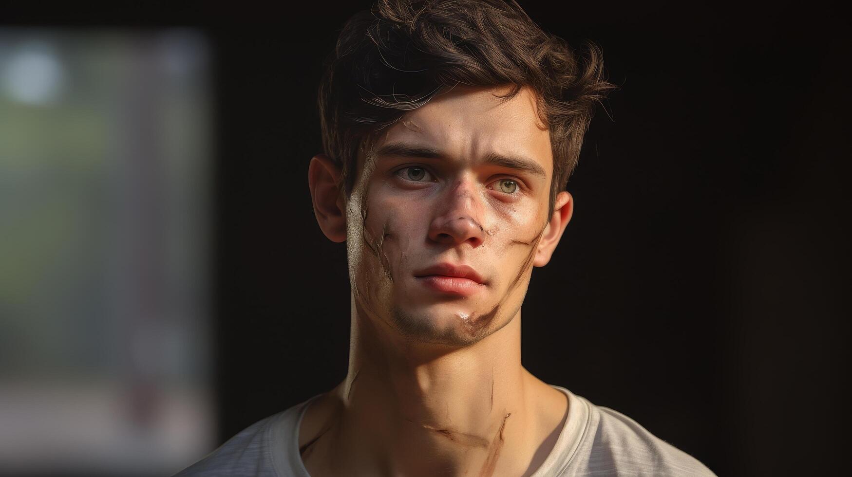 Pensive young man with serious expression photo