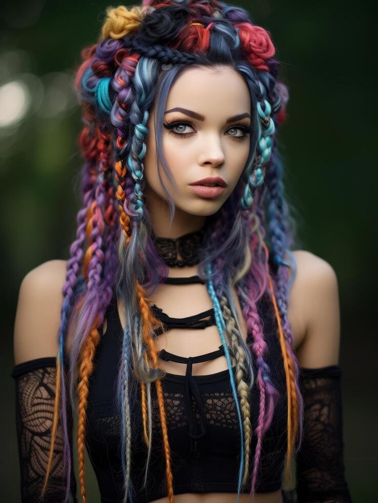 Vibrant and expressive hairstyle with colorful braids and curls photo