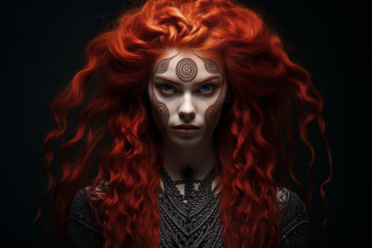 Mysterious redhead woman with intricate facial markings photo