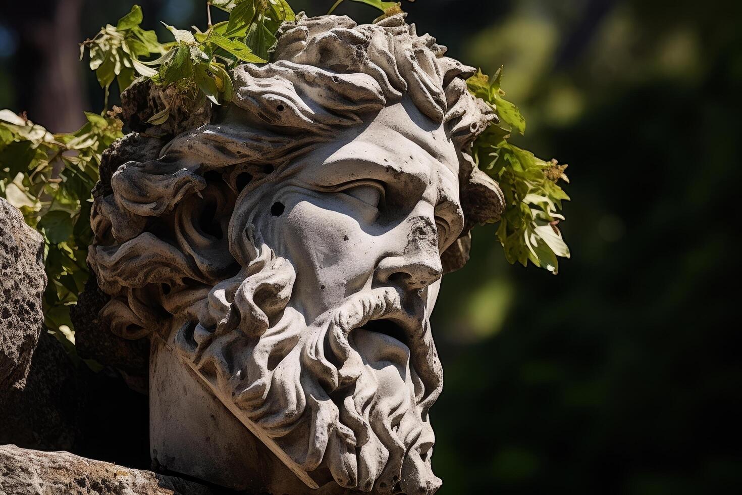Weathered stone sculpture with foliage photo