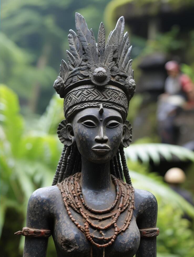 ancient tribal statue in lush jungle setting photo
