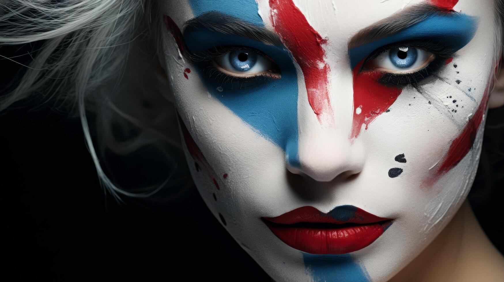 dramatic face makeup with blue and red paint strokes photo