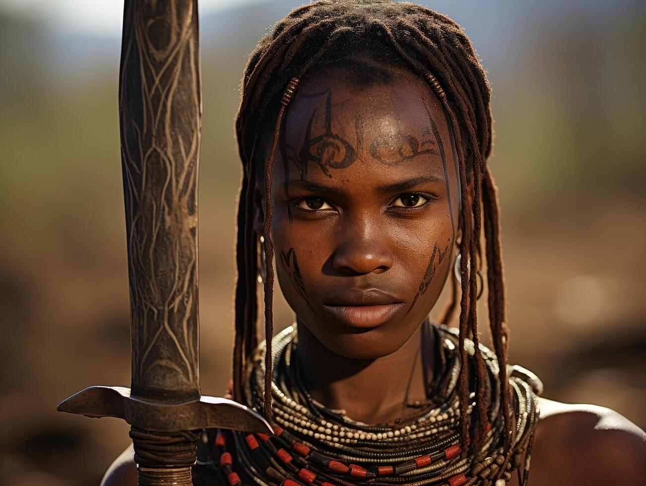 portrait of a tribal woman with face paint and jewelry photo