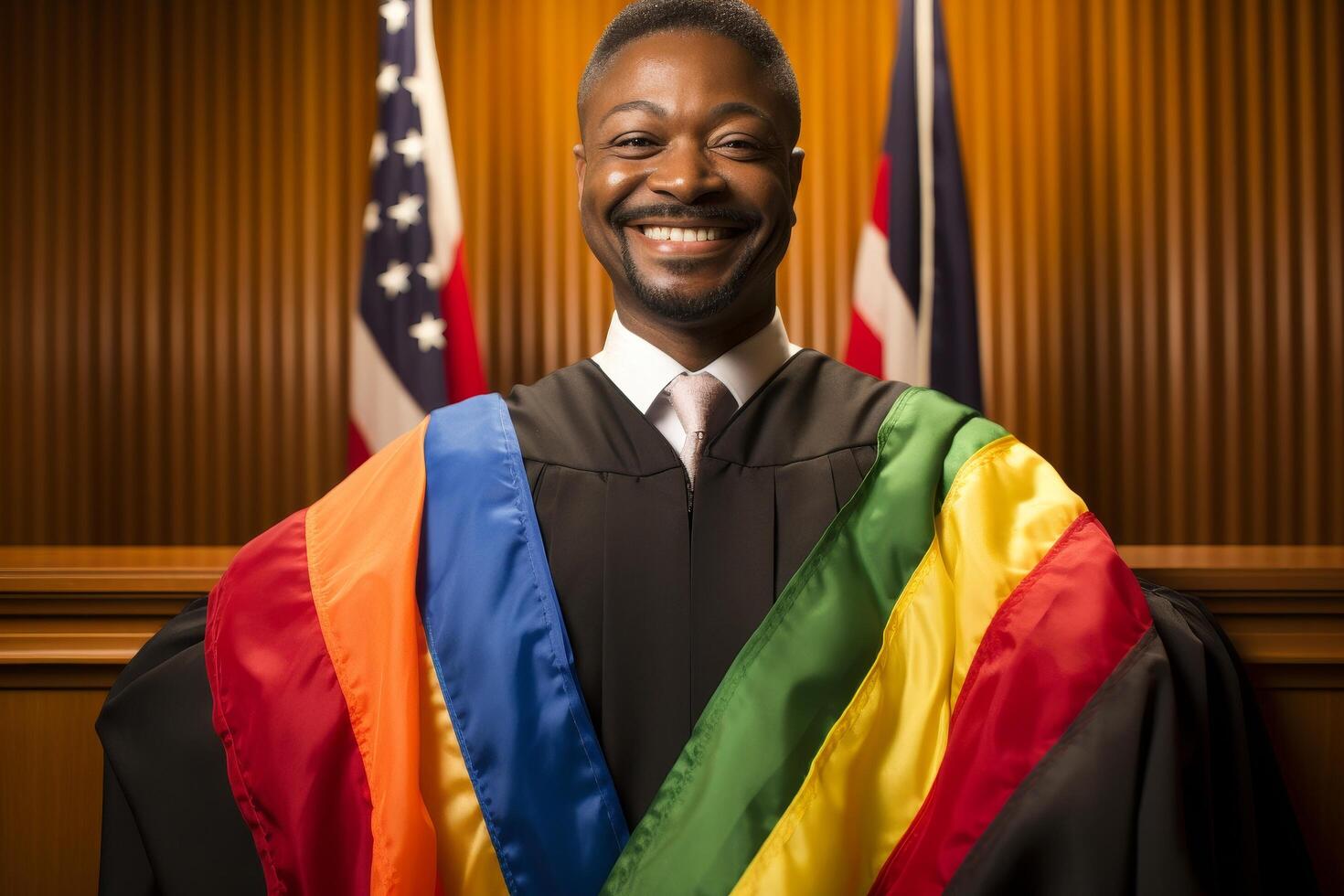 Smiling graduate in academic regalia with lgbtq pride flag photo