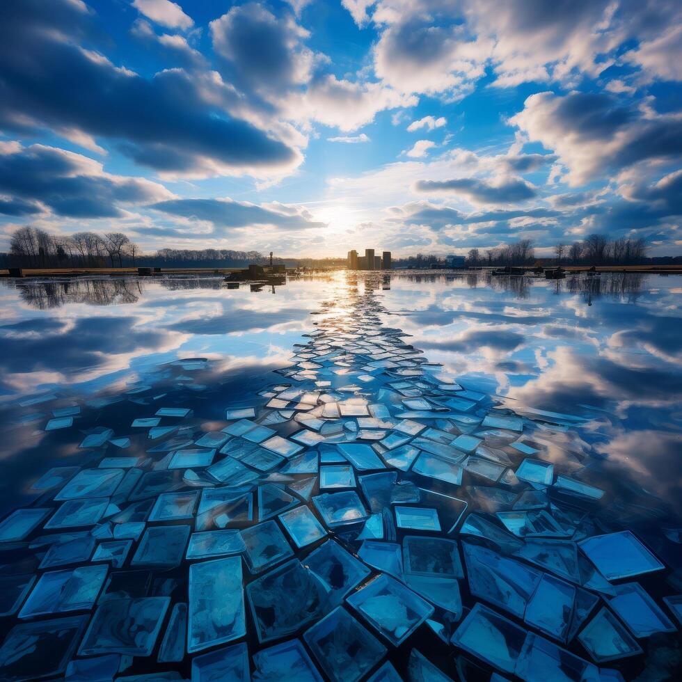 Stunning sunset reflection on a lake with broken ice photo