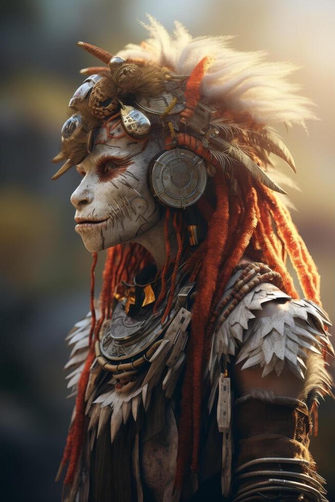Powerful indigenous warrior with intricate headdress and ornaments photo