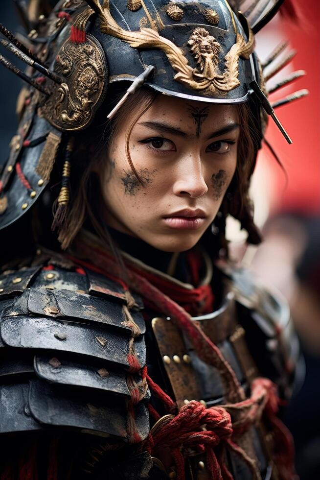 Fierce warrior in ornate samurai armor photo