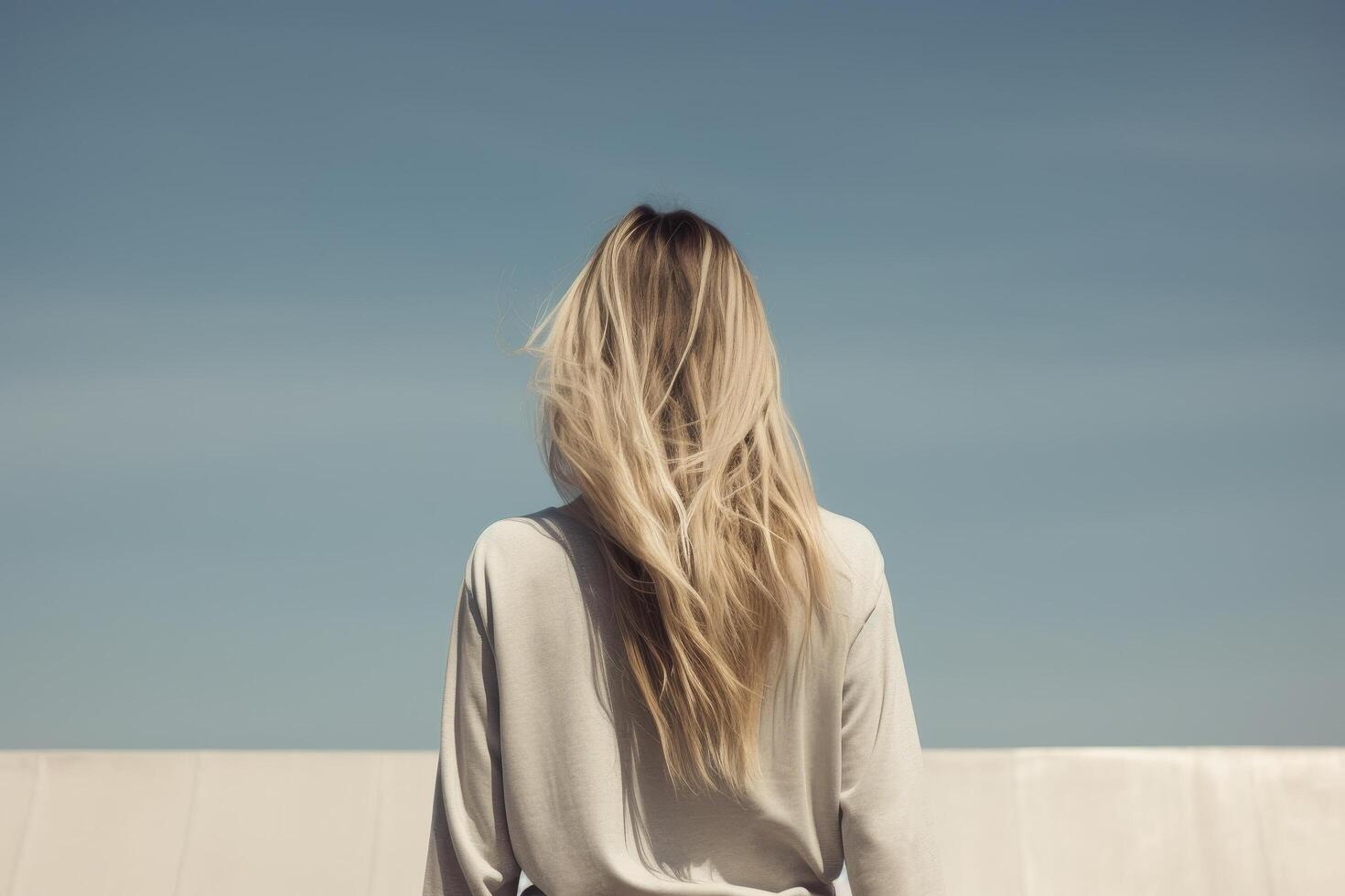 Windblown blonde hair against blue sky photo