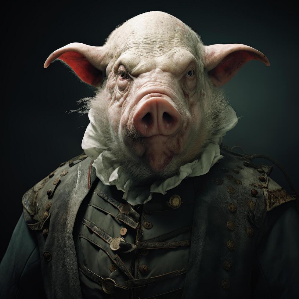 Dressed up pig in military uniform photo