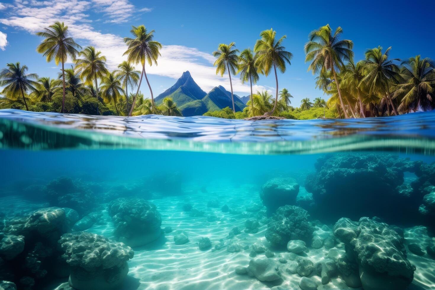 Tropical paradise with palm trees and crystal clear waters photo