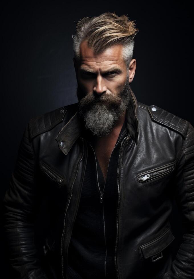 Rugged bearded man in leather jacket photo