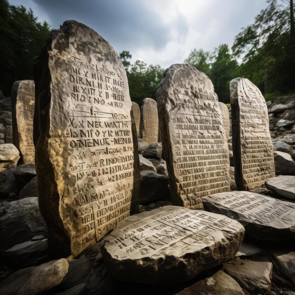 ancient carved stone tablets in a forest photo