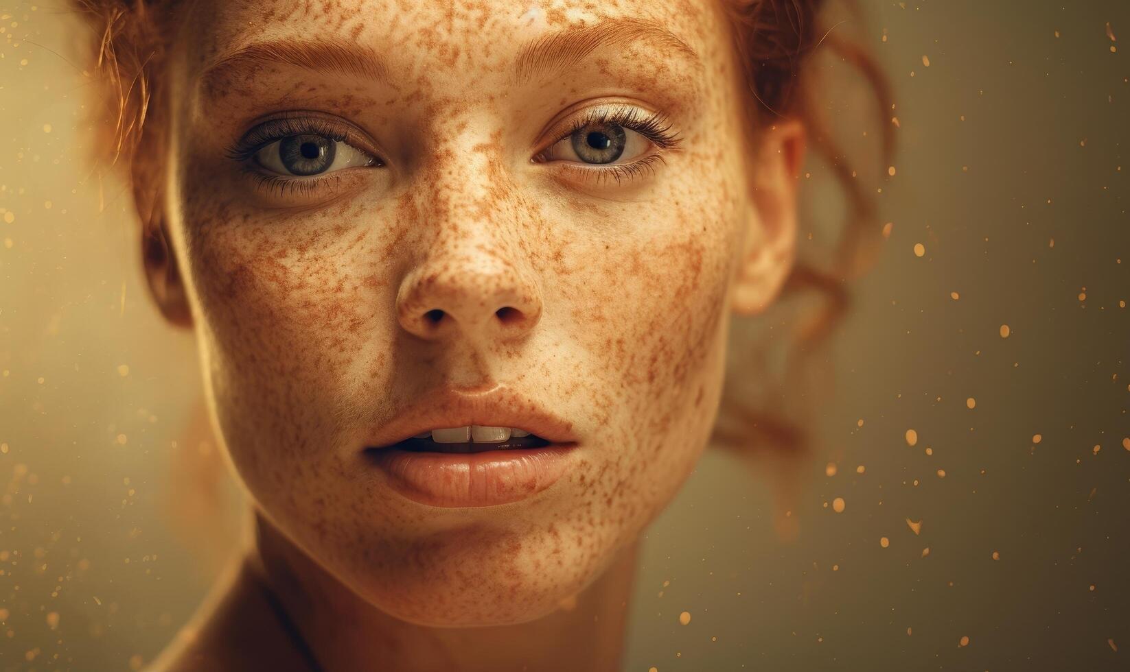 Closeup portrait of a freckled woman with blue eyes photo