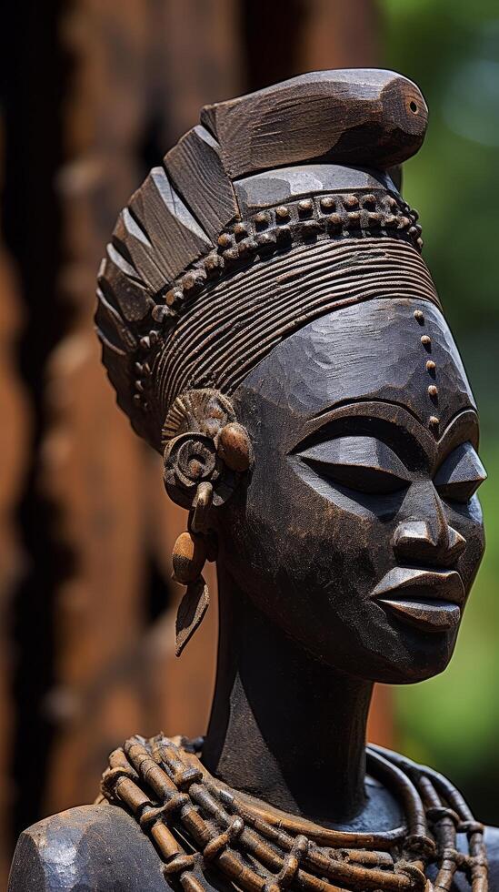 Ornate wooden tribal mask with intricate patterns and beads photo