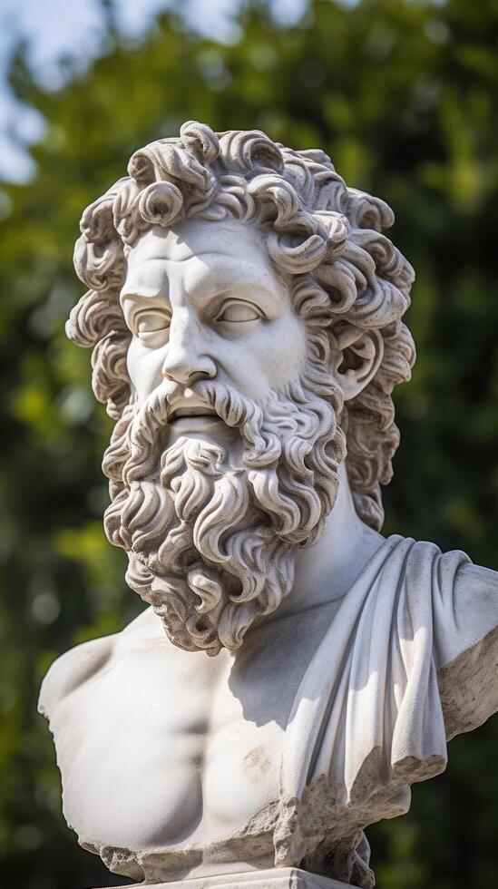 Closeup of a classical stone statue with intricate facial features and curly hair photo