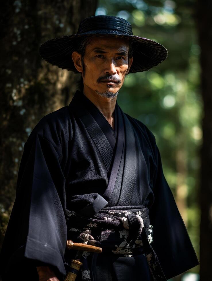 Mysterious samurai warrior in the forest photo