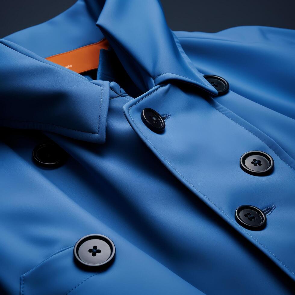 Close up of a blue rain jacket with black buttons photo