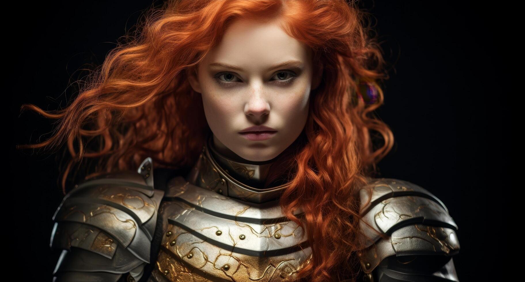 fierce female warrior with fiery red hair and armor photo