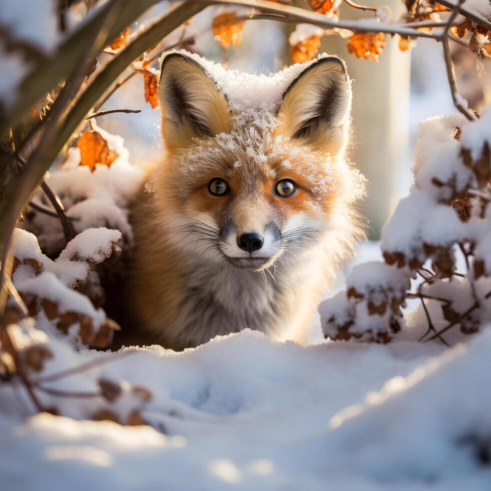 Curious red fox in snowy winter forest photo