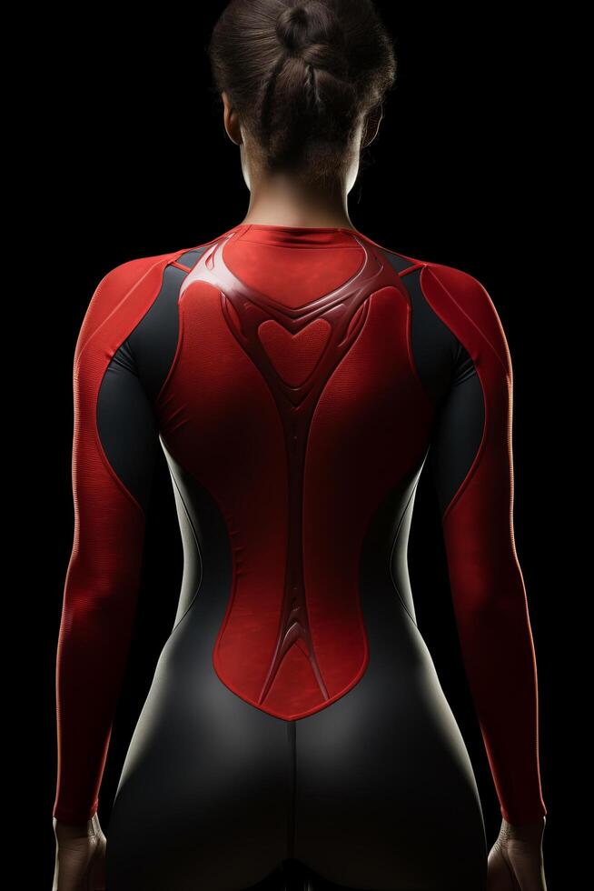 Back view of athlete wearing red and black compression sportswear photo