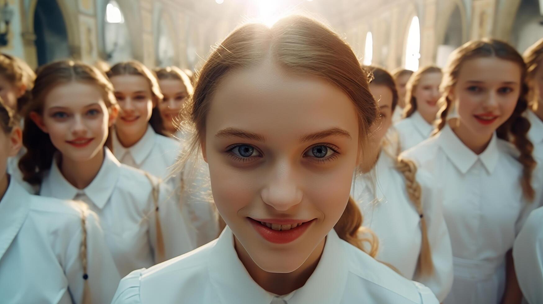 smiling young woman in a group of students photo