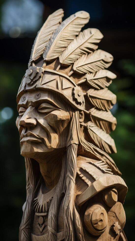 Detailed wooden carving of a native american chief photo