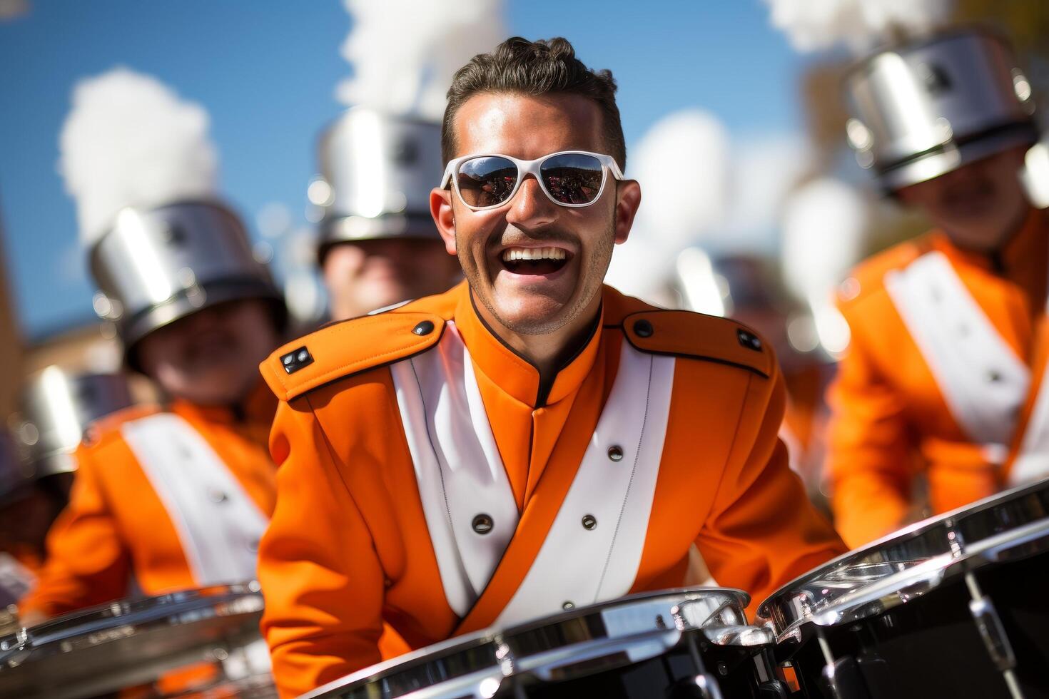 Marching band member playing drums with enthusiasm photo