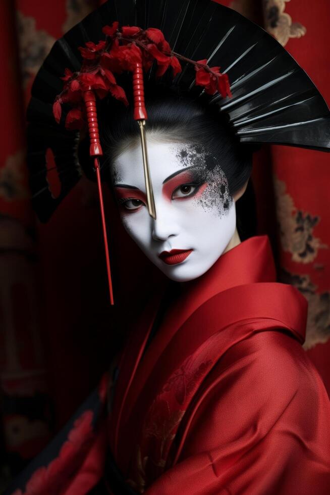 Dramatic portrait of a geisha with bold makeup and red kimono photo
