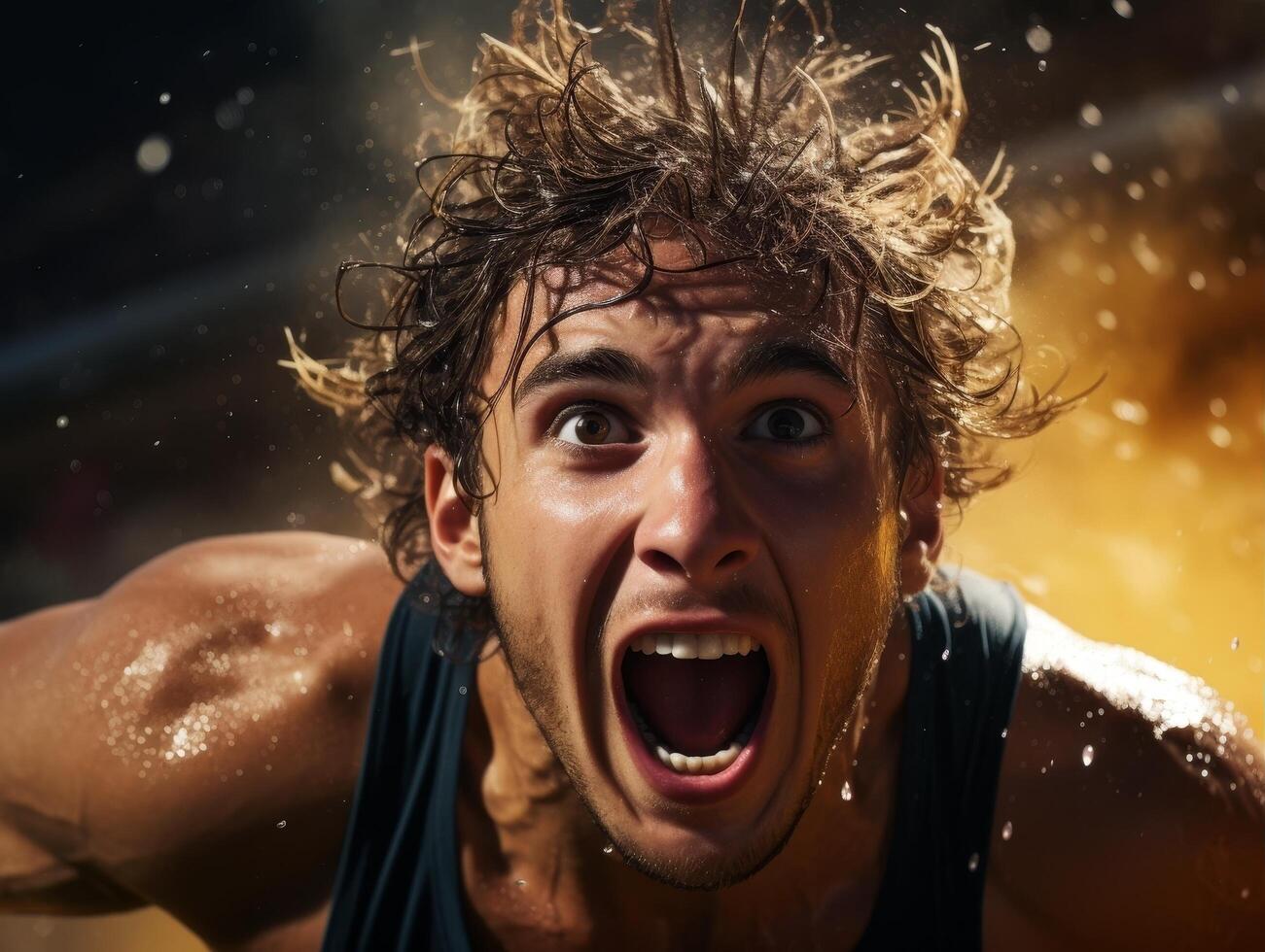 Intense expression of a man with wild hair photo