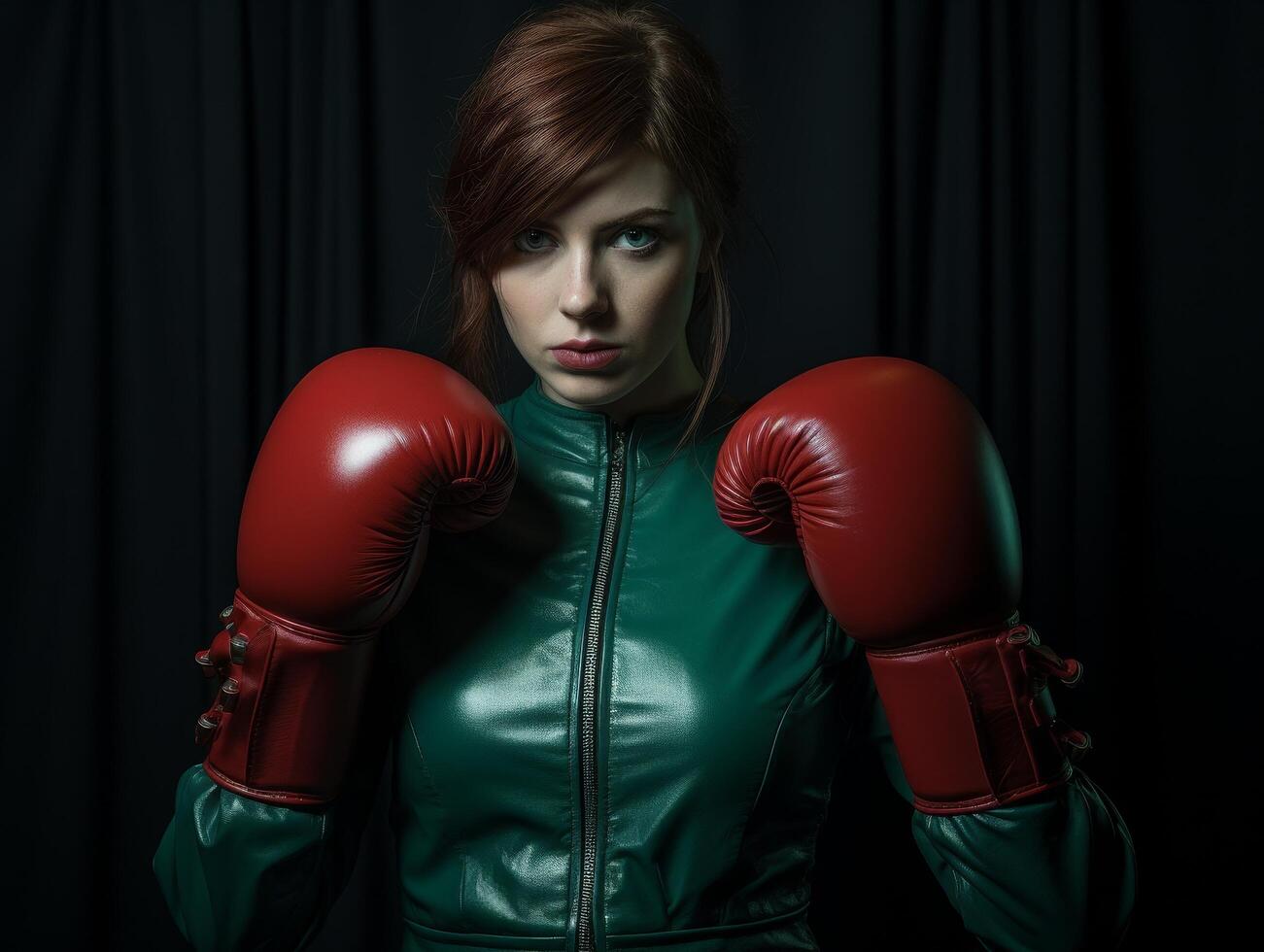Determined fighter in green jacket and red boxing gloves photo