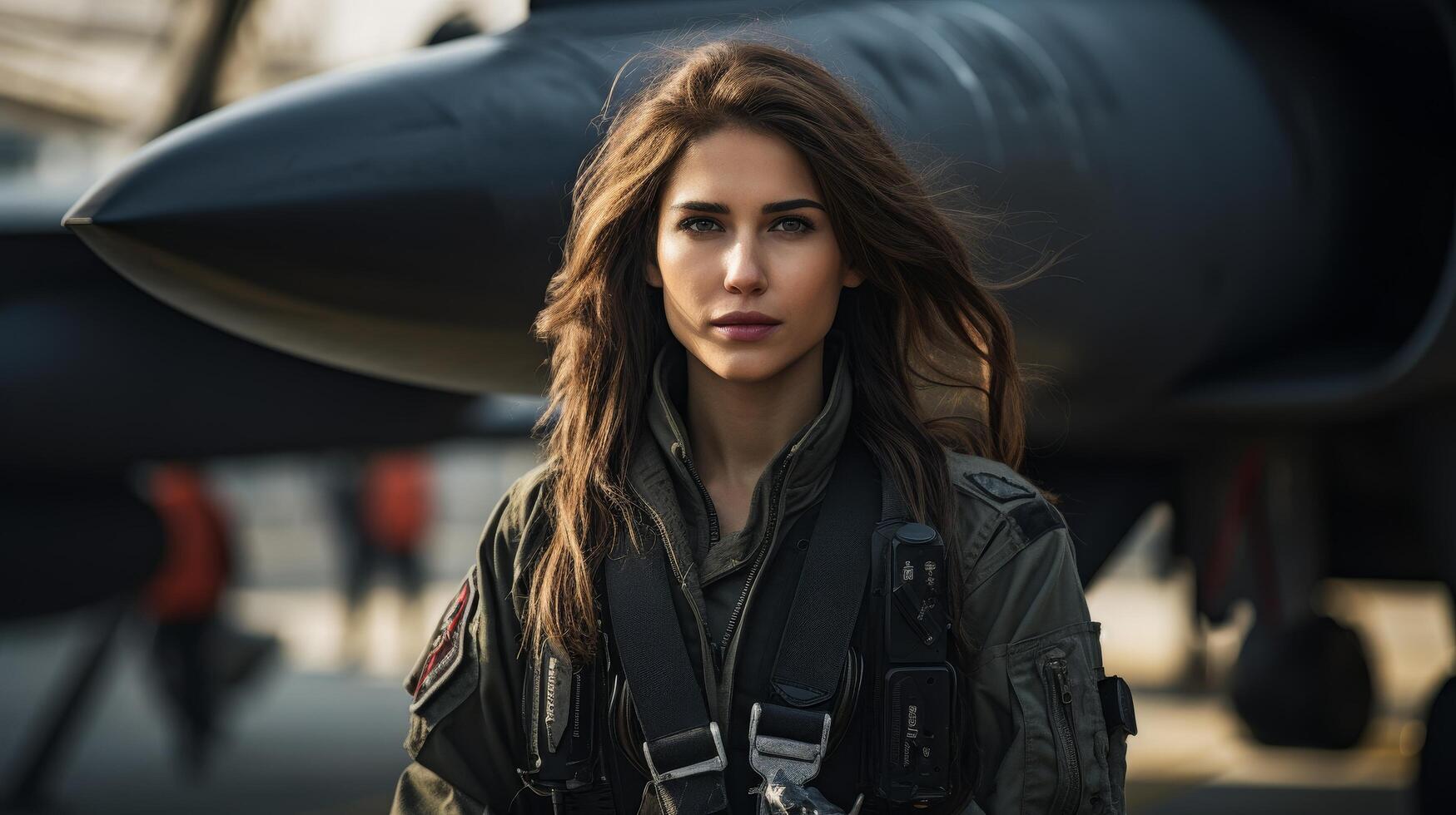 woman in military uniform standing in front of jet photo