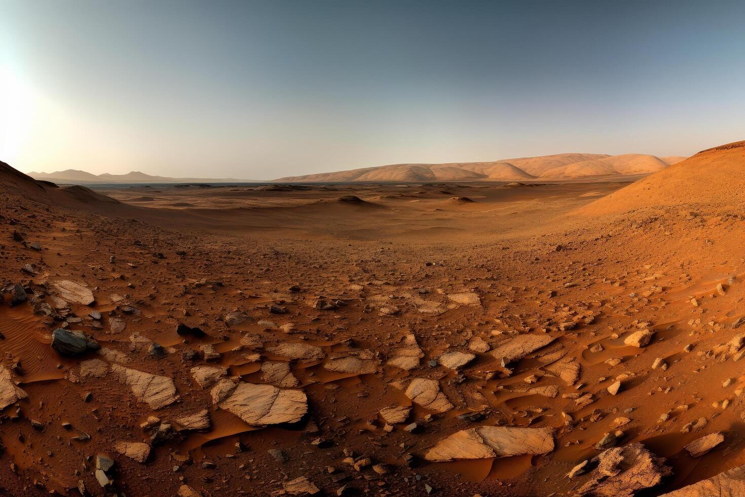 Vast desert landscape with rugged mountains photo