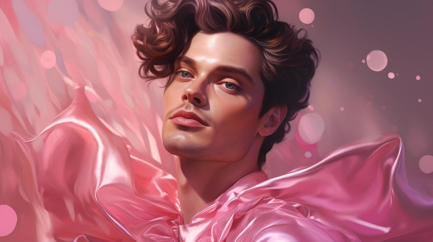 glamorous portrait of a person with curly hair in a pink outfit photo
