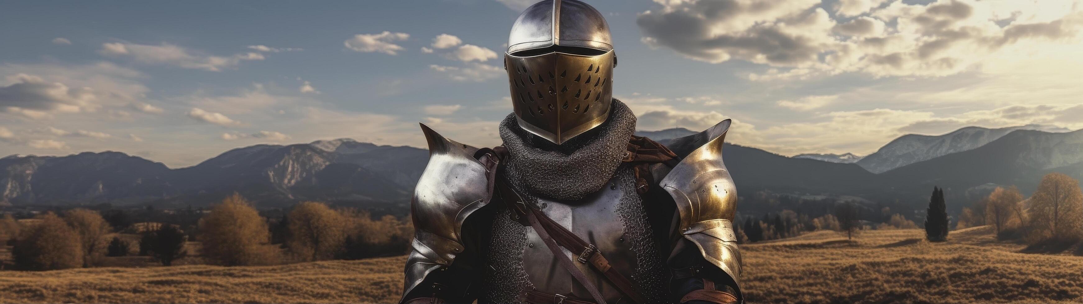 armored knight standing in mountain landscape photo