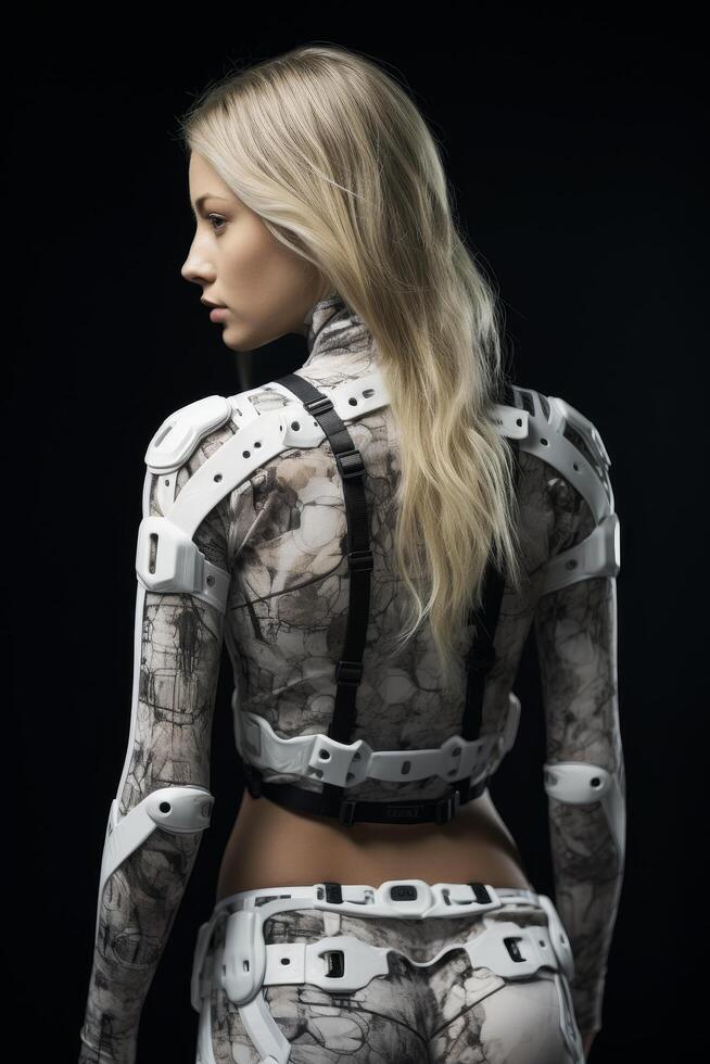 futuristic female cyborg in camouflage outfit photo