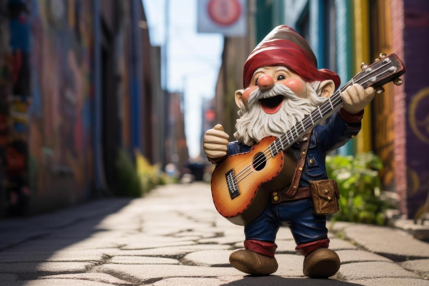 Cheerful garden gnome playing guitar on city street photo