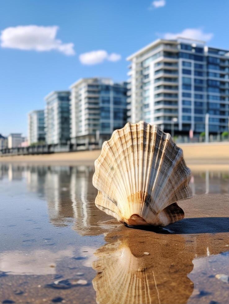 seashell reflection on beach with modern buildings photo