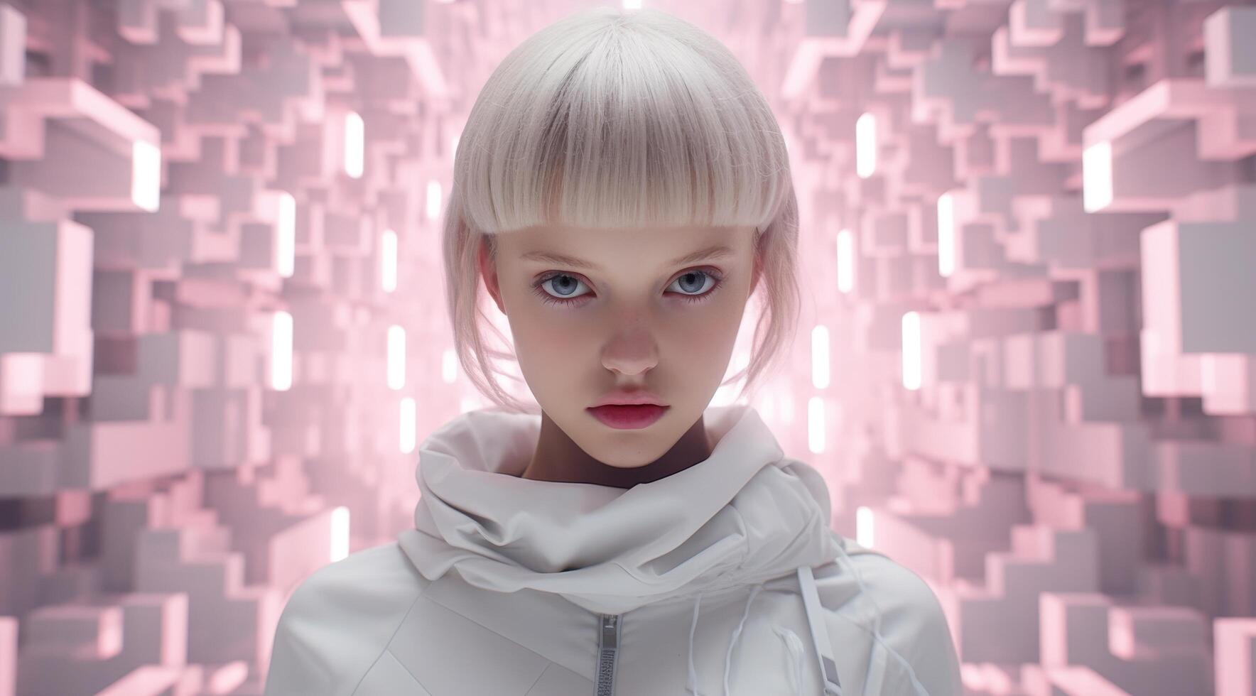 futuristic portrait of a young woman with white hair photo