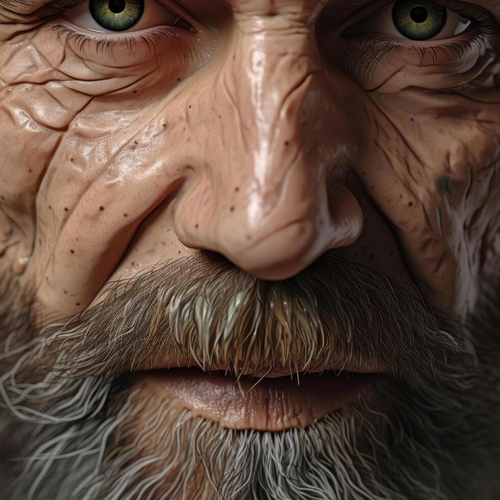 Extreme close up of an aged, weathered face with intense eyes photo