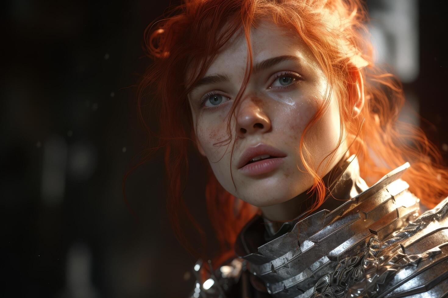 Intense gaze of a fierce redheaded warrior photo