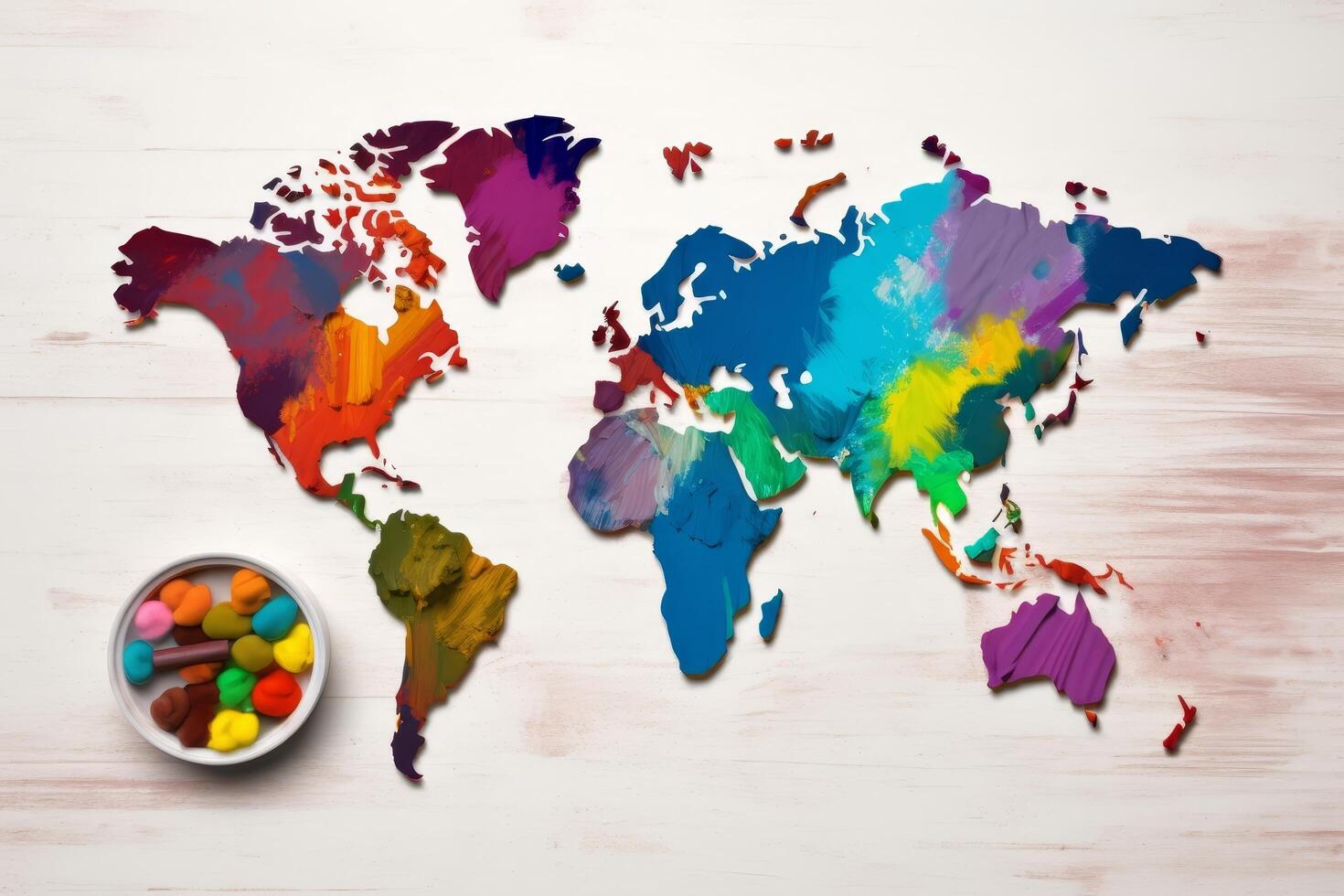 colorful world map on wooden surface with candy photo