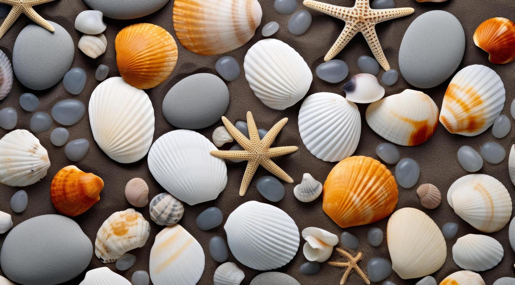 Assortment of seashells and starfish on dark background photo
